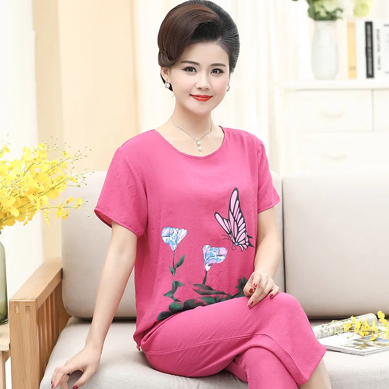

Fdfklak Middle Aged Mother Pajama Sets New Cotton Linen Sleepwear Women Short Sleeve Cropped Pants Printed 2 Piece Pijama Suit