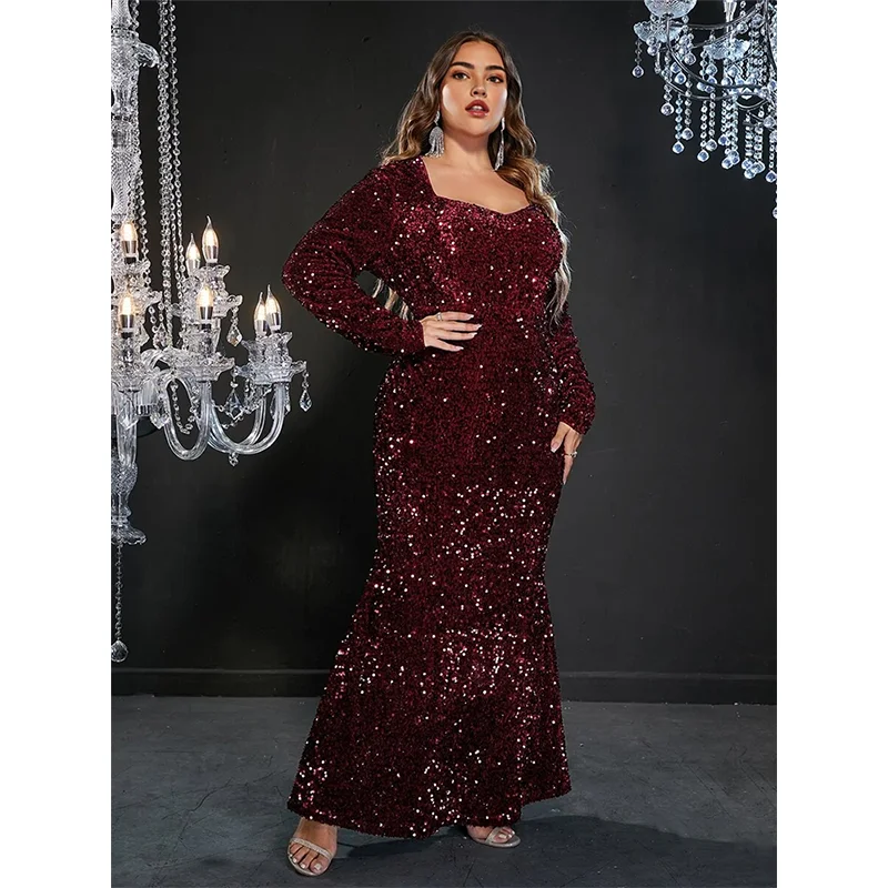 plus Size Cocktail Party Evening Dress Long Sleeved Sequined off Shoulder Elegant Fishtail Dress