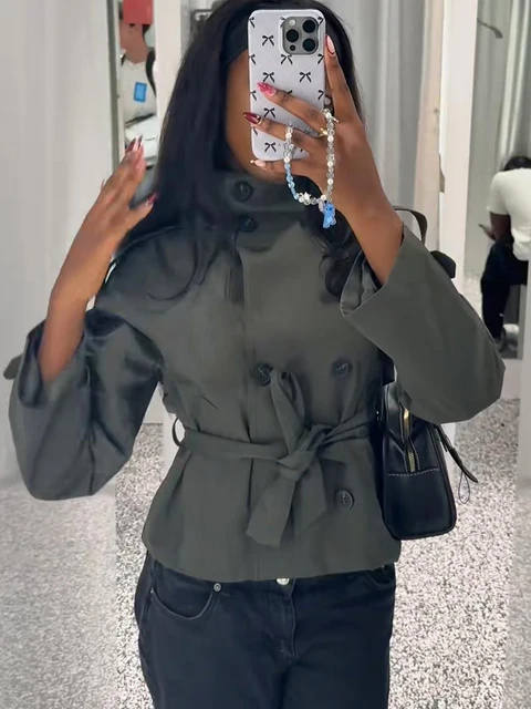 2025 Autumn Stand Collar Trench Coats For Women Fashion Long Sleeve Belt Double Breasted Jacket Lady High Street Chic Outerwear 6