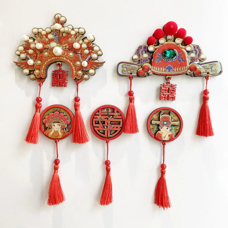 

Chinese Wedding 3D Wood Celebration Refrigerator Magnet Stickers Wedding Room Decoration Crown Opera Souvenirs Home Decor