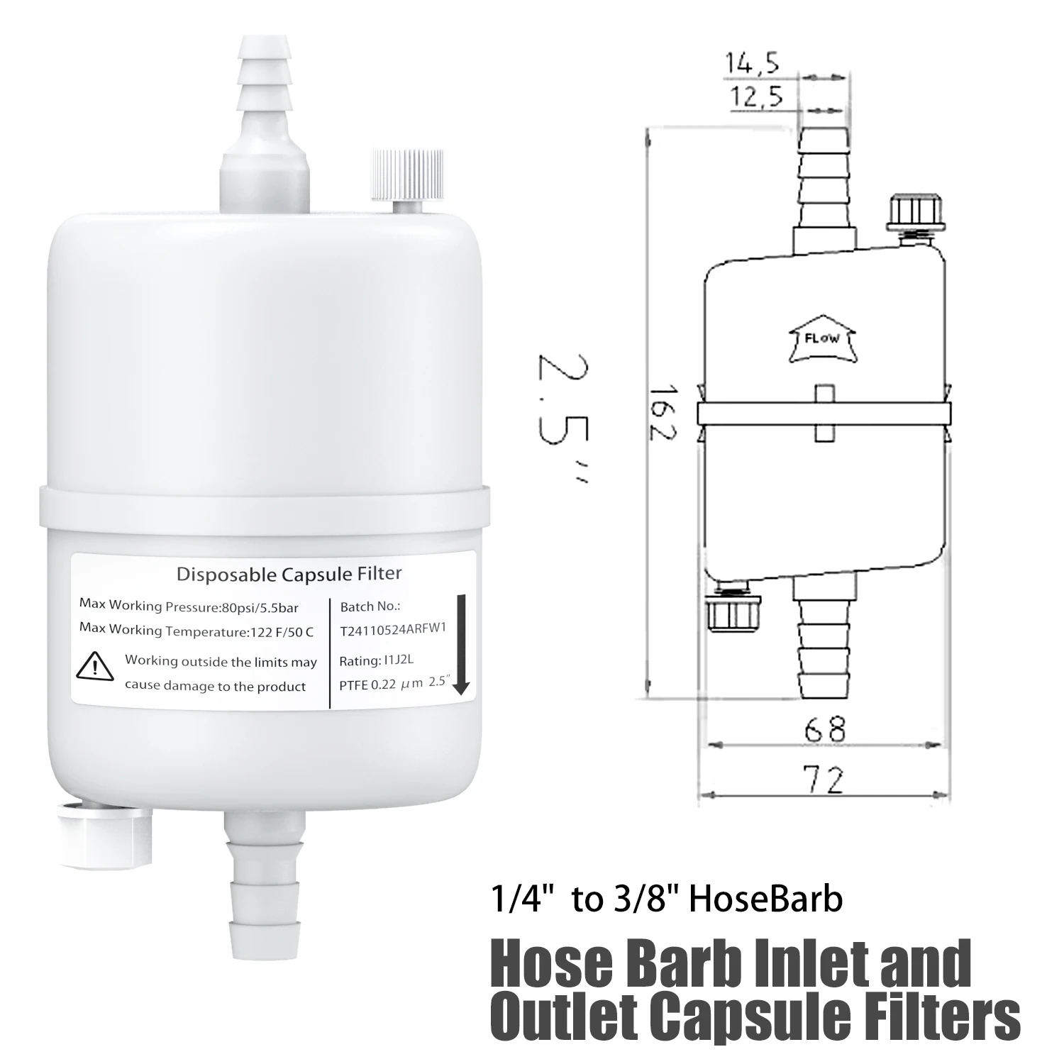 Sterile PTFE/PES Capsule Filters with Hose Barb for 1/4" to 3/8" Tube, Pore Size 0.22um , Individual Packag,1/pk