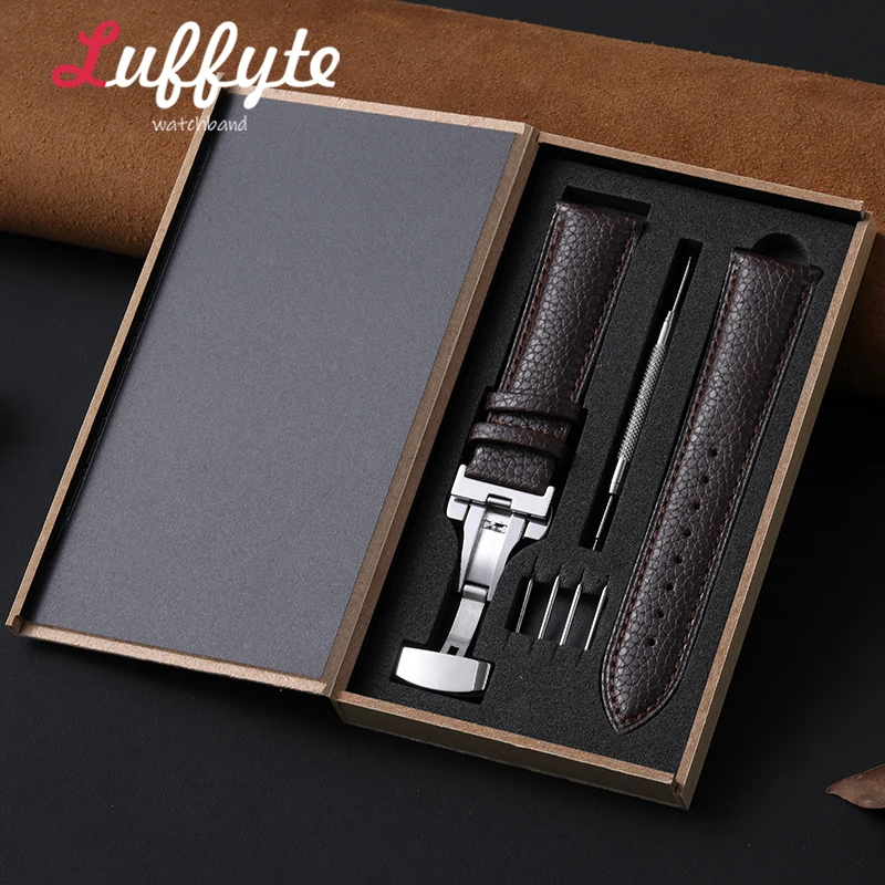 Elegant Lychee Leather Watch Band with Butterfly Buckle - Includes Gift Box