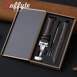 Elegant Lychee Leather Watch Band with Butterfly Buckle - Includes Gift Box - 22mm (Dark Brown)
