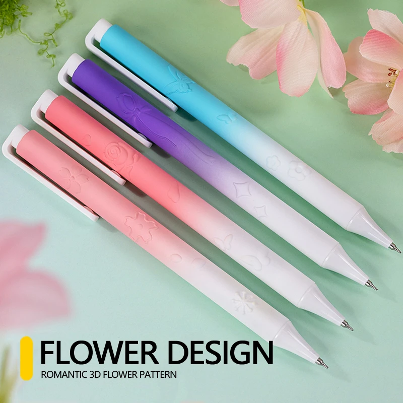4 Pcs/Box Flower Relief Design Gel Pen 0.5mm Black Quick-Dry Ink Smooth Writing Pen for School Students & Office Stationery