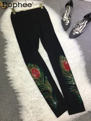 Heavy Embroidery Hot Drilling Leggings Women's High Waist Slimming Black Tight Ankle-Length Pants Autumn and Winter Leggings