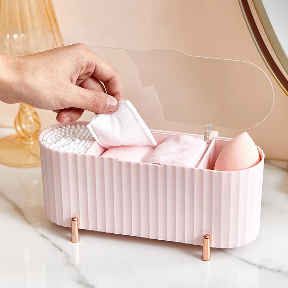 Plastic Cotton Swab Holder Organizer Dust-proof with Lid Makeup Organizer with 3 Independent Compartment Easy Clean for Bathroom