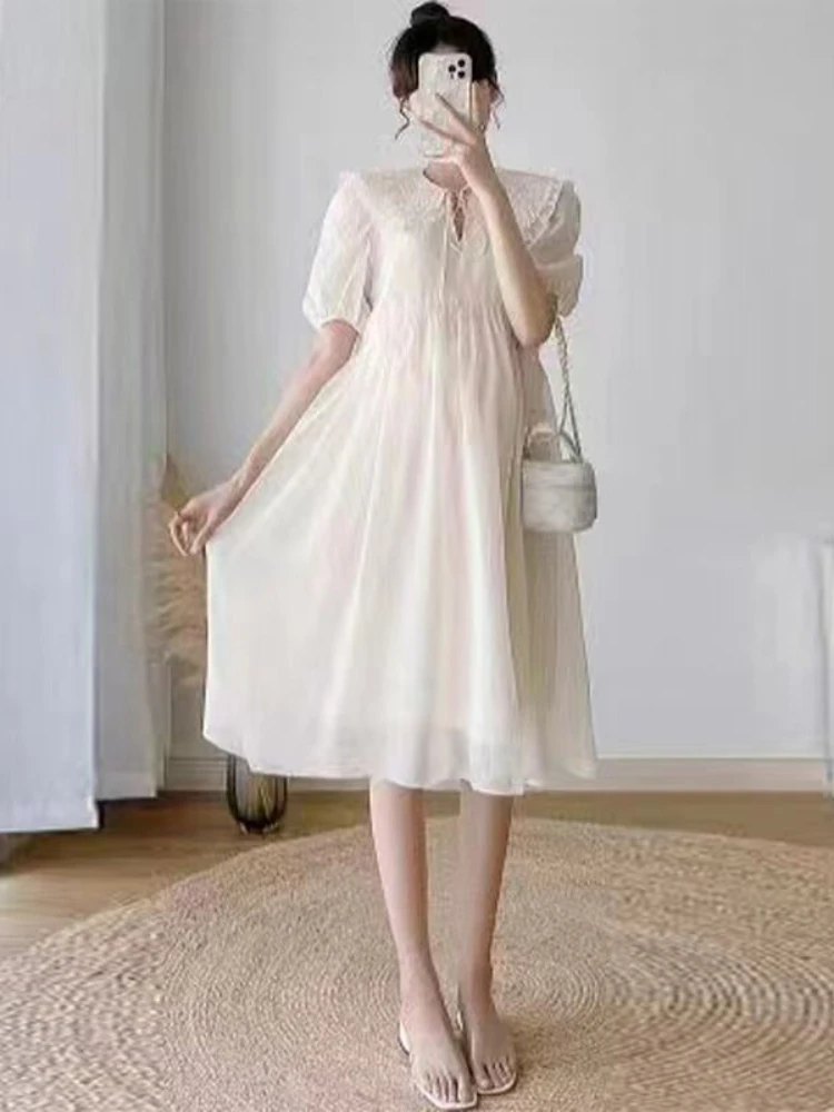 Korean Fashion Pregnant Women White Chiffon Dress Summer Design Short Sleeves Thin Soft Knee Length Maternity Dresses Purple