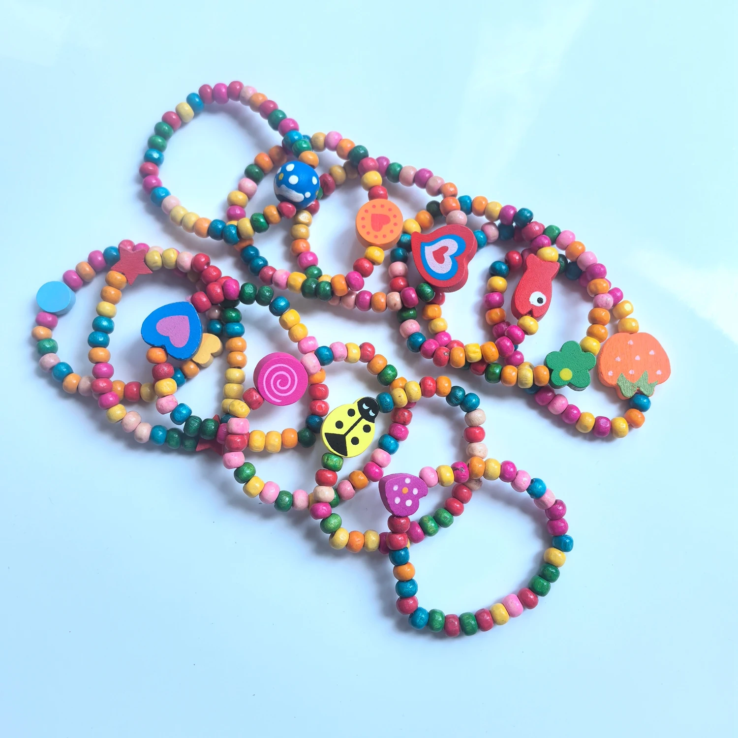 12Pcs Mixed Randomly Children Elastic Bracelet Kids Girl Colorful Wood Wristbands Child Toy Bracelet Birthday Gift Jewelry