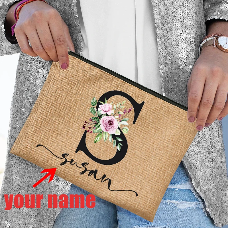 

Custom Name Cosmetic Bags Travel Organizer Case Women Make Up Bag Linen Zipper Pouch Bridesmaid Clutch Bachelor Party Gift