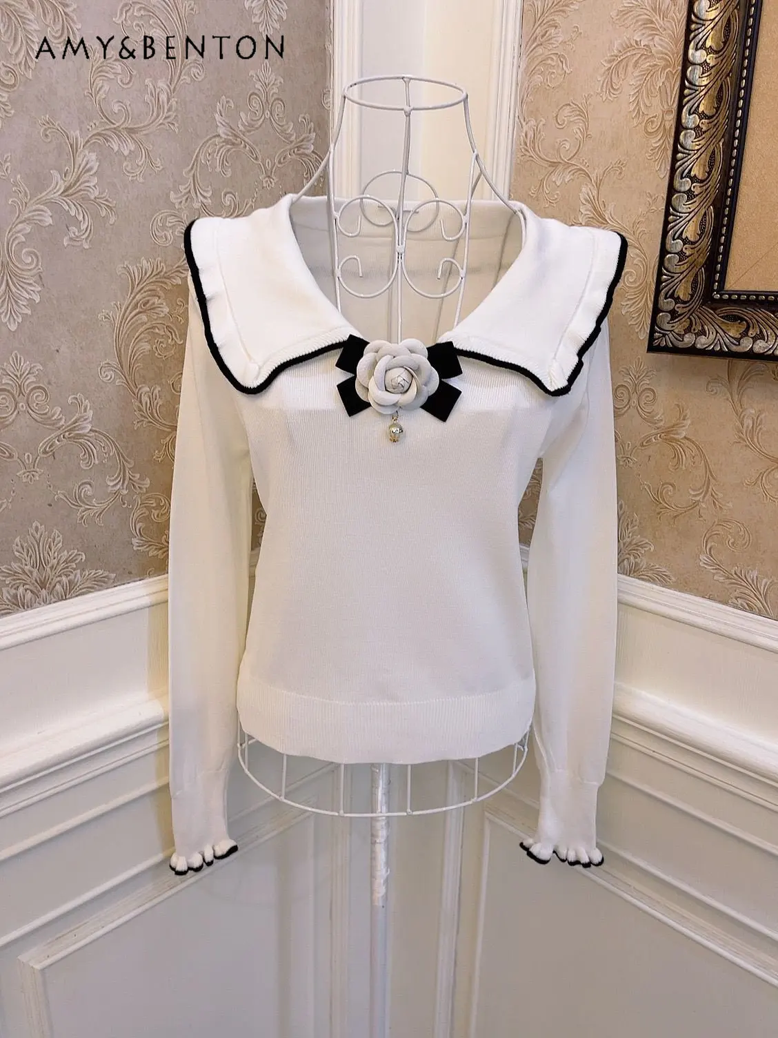 

French Style Spring Autumn Knitted Sweater Princess Doll Collar Pullover Sweater Ruffled Base Slim Fit Women's Sweater Top