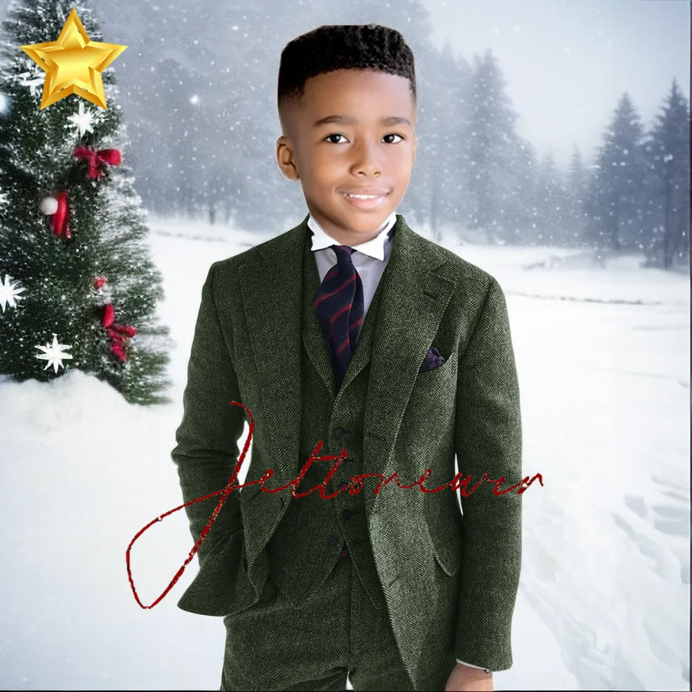 Gray Wool Tweed Winter Boy Suit's For Wedding Formal KidsTuxedo Herringbone Child Fashion 3 Piece (Jacket +Vest +Pants）