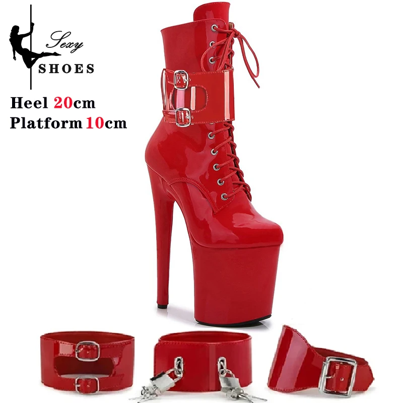 

20CM/8inches Platform High Heels Strappy Ankle Boots Sexy Fetish Stripper Shoes Lock Belt Buckle Pole Dance Models Show Boots