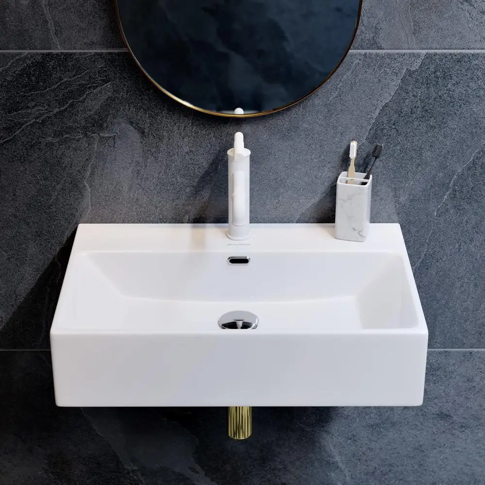Wall-Mount Bathroom Sink Ceramic Scratch Resistant Single Faucet Hole Drain Claire Collection Multi-Functional 5