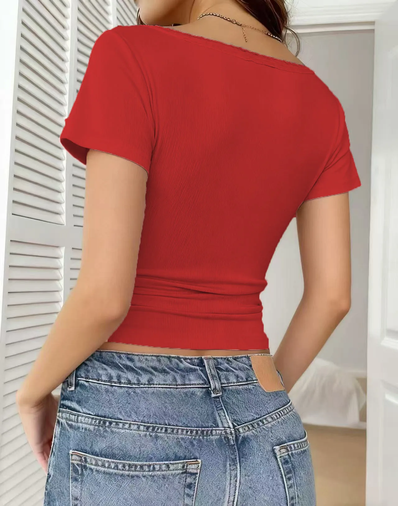 Damen V-Ausschnitt Kurzarm-Oberteil Frühjahr/Sommer 2026 – Bluse mit Spitzenbesatz und Knopfdetails, schmal geschnittenes, lässig-schickes Hemd – Detail 7
