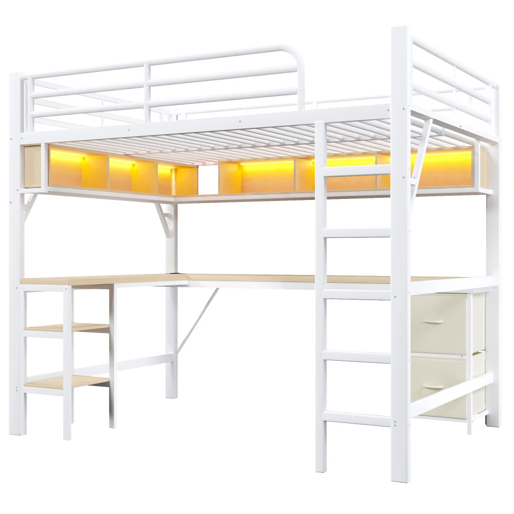 140 x 200 cm modernes Metall-Hochbett für Spiele mit Bücherregal, Kinder-Etagenbett mit Schreibtisch und Kleiderschrank, USB- und LED-Beleuchtung, weiß – Detail 19