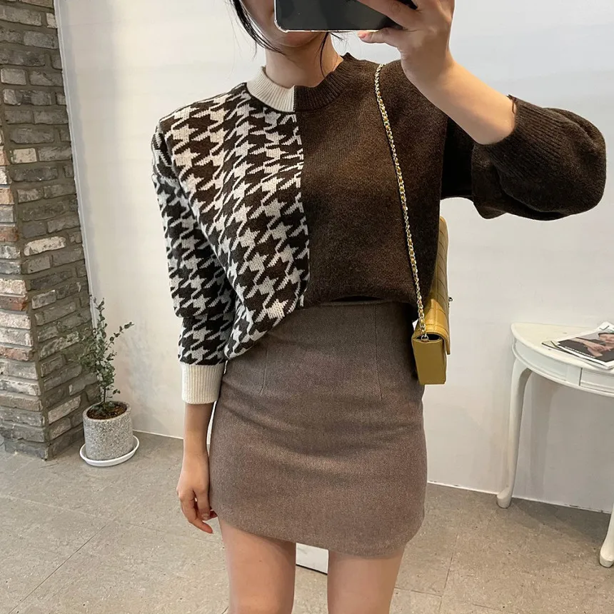 short sleeve cardigan Croysier Autumn Winter Crew Neck Long Sleeve Knitted Sweater Pullover 2021 Fashion Women Houndstooth Patchwork Sweaters Jumper sweater for women