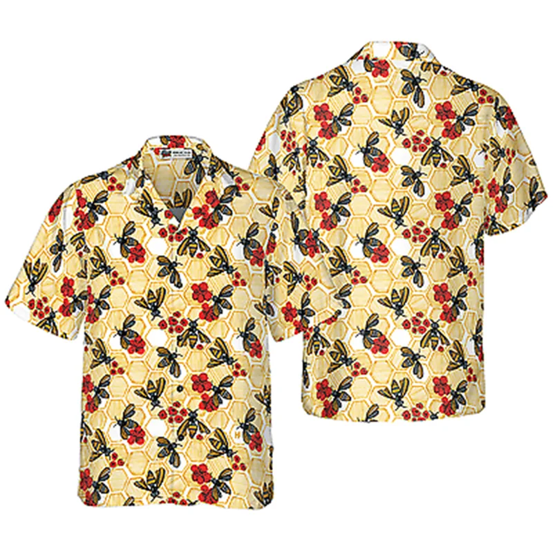 thumbnail image 1 of Camisas casuales de manga corta con botones y solapa con estampado 3D de abejas para hombre, ropa para hombre, camisa hawaiana de verano, ropa de calle para hombre, 1 of 5