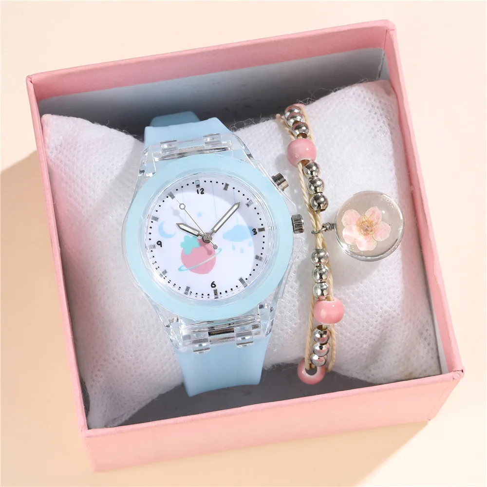 Children Watches Glow at Night Quartz CLOCK Silicone Band Cute Girls Primary School Wristwatch With Bracelet 6