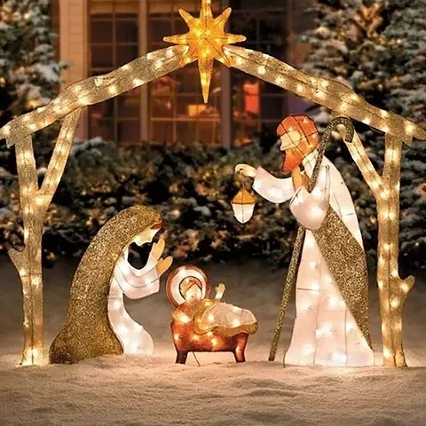 Metal Religious Nativity Scene with Light Figurine Office desk accessories Easter Home Decoration Ornament belen de navidad noel