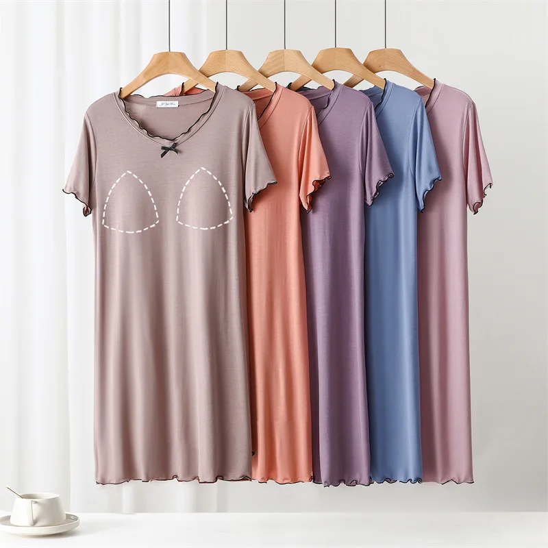 

Modal Bra Padded Sleepdress short sleeves Summer women's homewear dress with bra solid color Plus size Home clothing