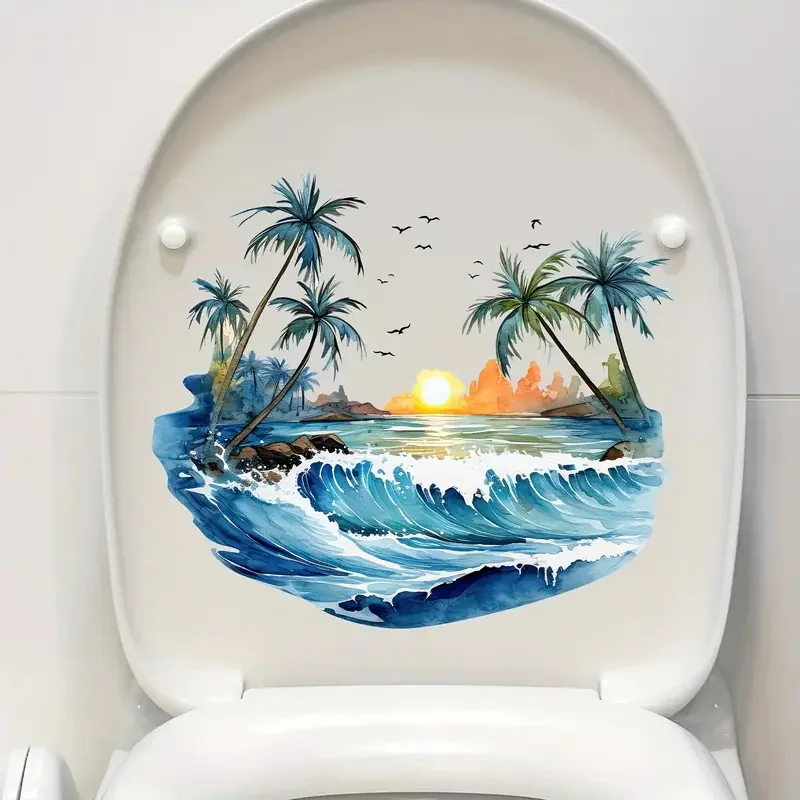 Summer Day Coconut Trees Self-Adhesive Toilet Stickers Wall Decal Removable Reusable PVC Sticker for Toilet Lid Bathroom Decor toilet stickers toilet wall stickers toilet seat stickers