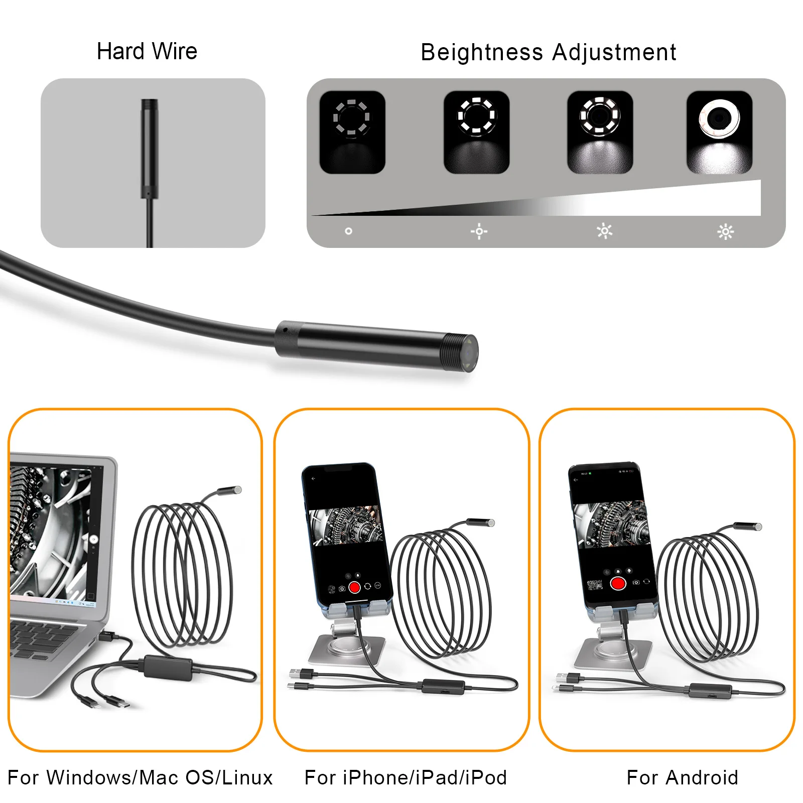 애플 휴대폰용 산업용 내시경, C타입, USB 3-in-1, 5.5mm, 0.21 인치 렌즈, 2 백만 픽셀, 하드 라인 플렉시블 m