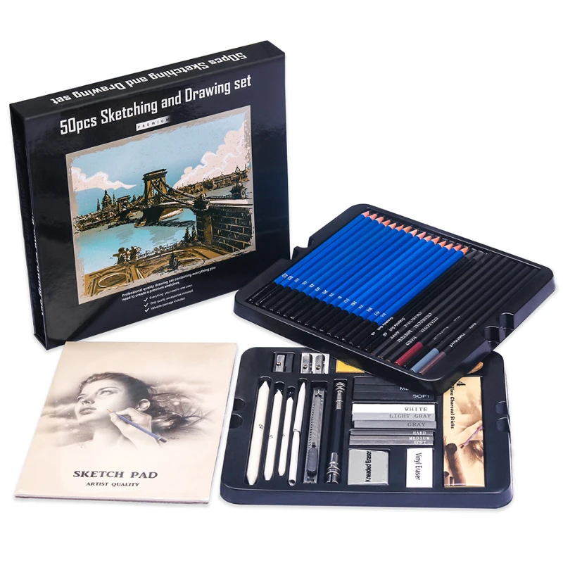 50 Pcs Sketching Pencil Set Wooden Pencil Artist Beginner Professional Drawing Graphite Charcoal Eraser Sketching Kit