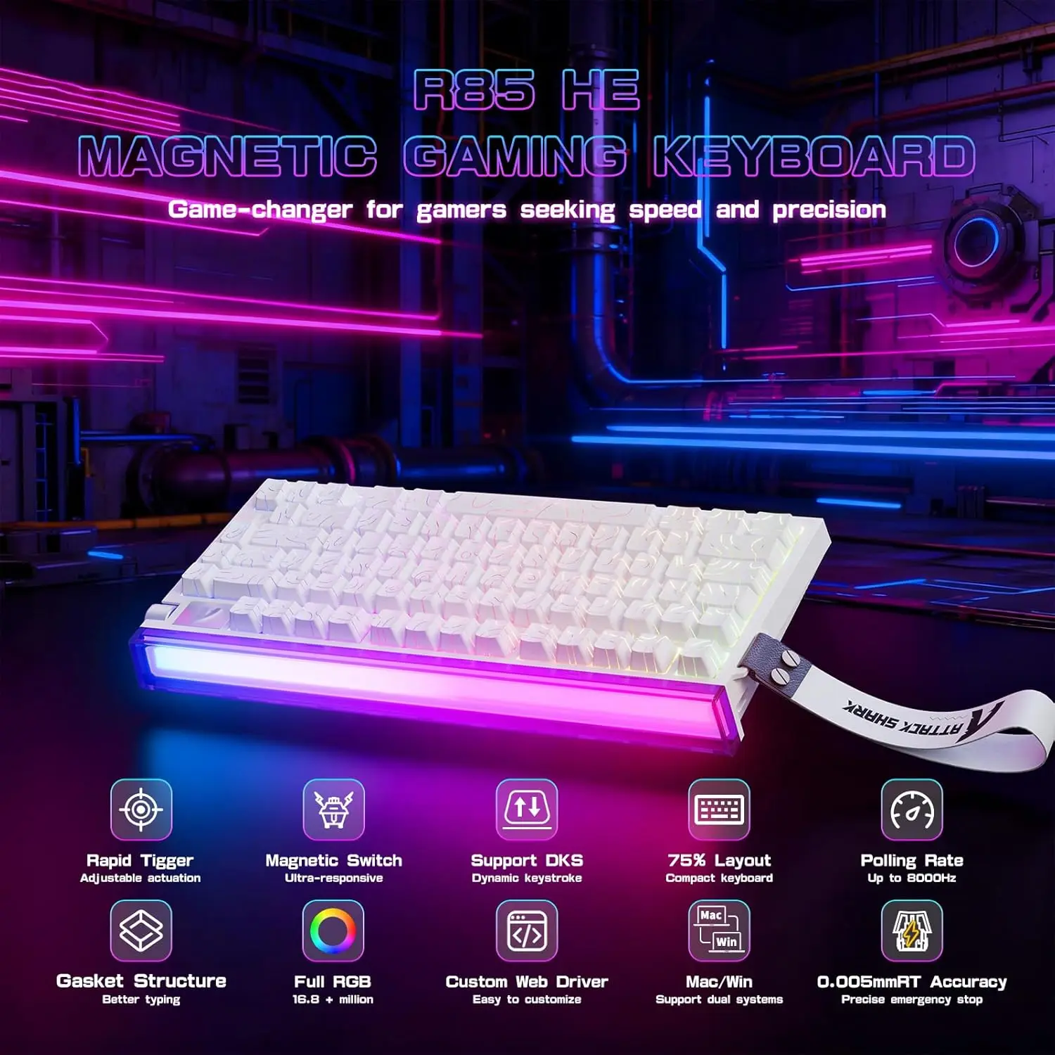 ATTACK SHARK R85 HE 유선 레이피드 트리거 기계식 RGB 게이밍 키보드 8KHz 폴링 레이트, 0.005mm RT 정확도, 0.08ms 지연 시간