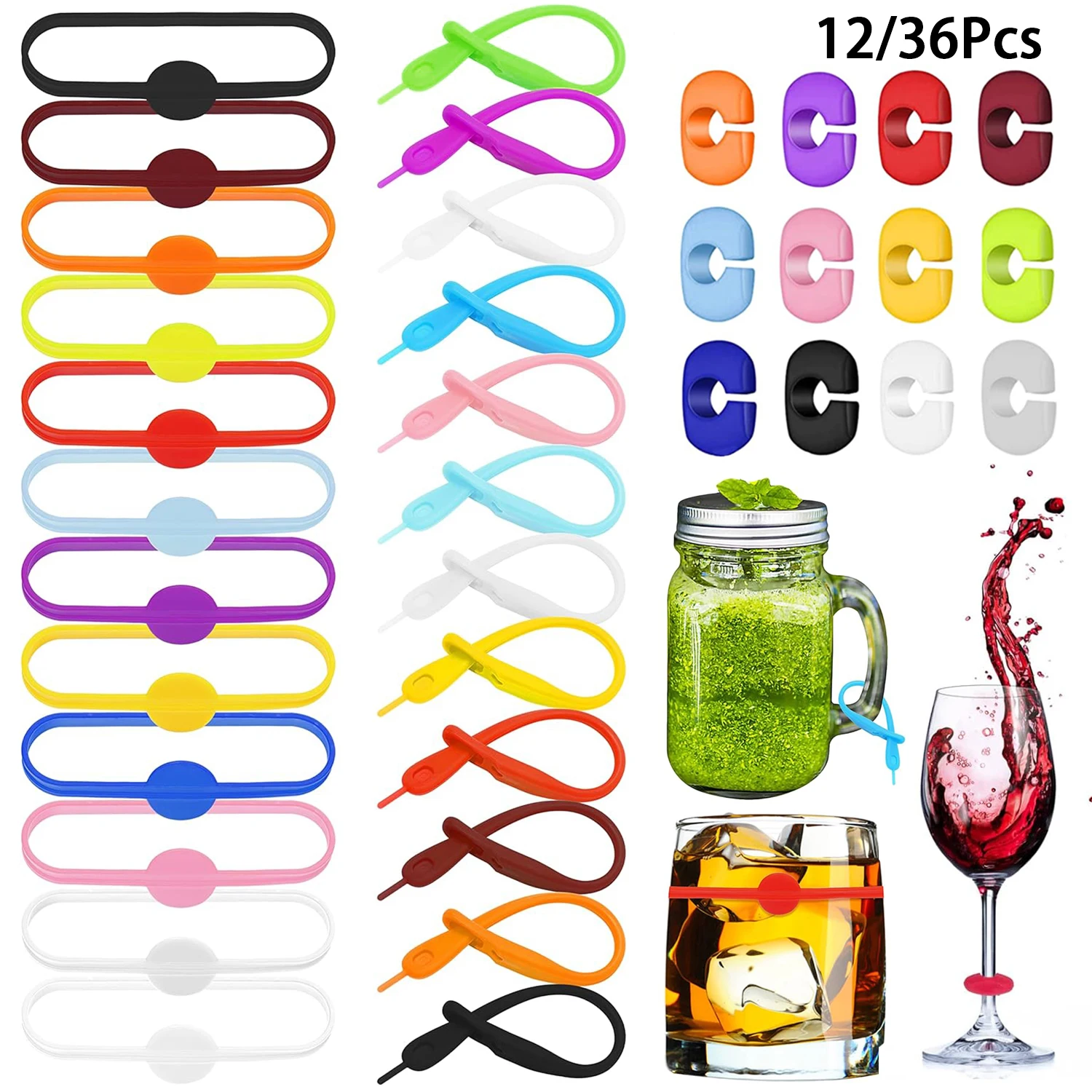 Wine Glass Marker 12/36Pcs Reusable Silicone Wine Glass Charms Drink Marker Bands Bottle Strip Tag Glass Identifiers for Party Cocktail Champagne