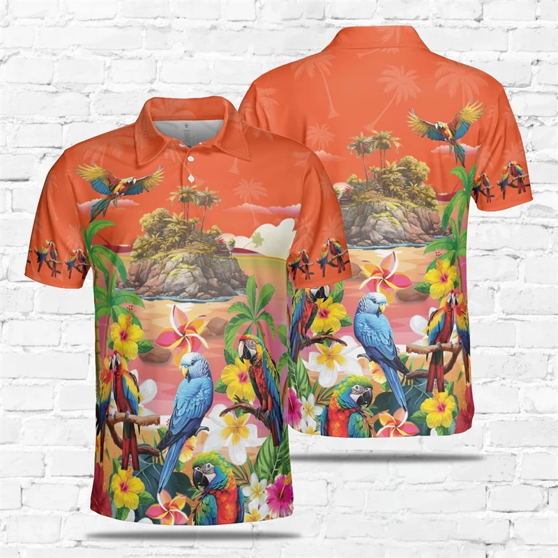 

Parrot Birds Polo Shirts For Men Clothes Summer Hawaiian Vacation Beach Short Sleeve POLO Shirt Tropical Cockatoo Bird Y2K Tees