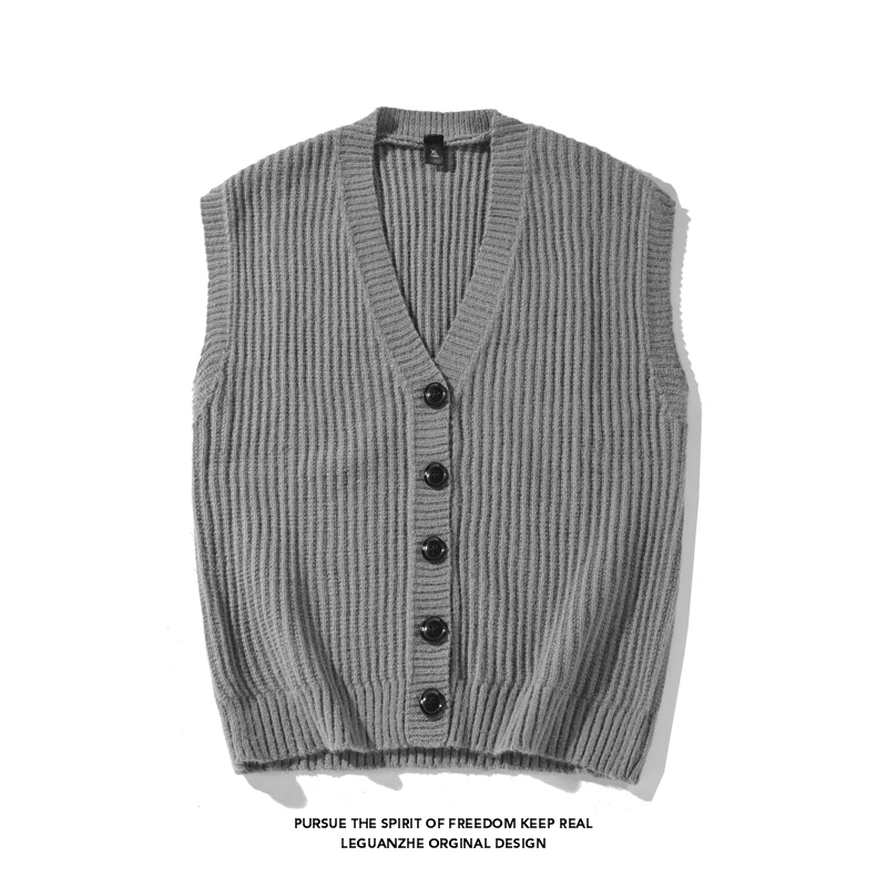 thumbnail image 1 of Chaleco tipo suéter para hombre, cuello en V, color sólido, sin mangas, tejido con botones, tipo cárdigan, suéter informal de punto con cable, 1 of 5
