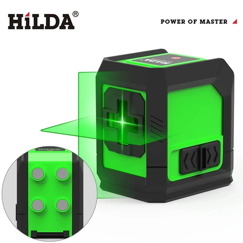 Laser Level HILDA 2 Lines Laser Level Green Beam Self Levelling Back With Magnet Horizontal Vertical Cross Line