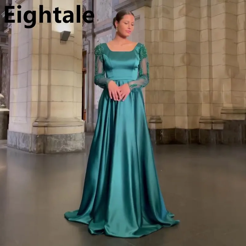 

Eightale Dark Green Long Sleeve Square Neck Evening Dresses Side Slit Dubai A-Line Celebrity Formal Party Gown Satin Prom Dress