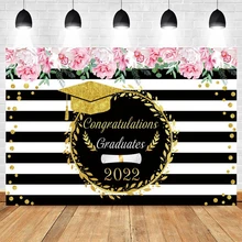 

2022 Congratulation Graduation Graduate Student Party Photocall Backdrop Gold Bachelor Cap Flower Decor Photography Background