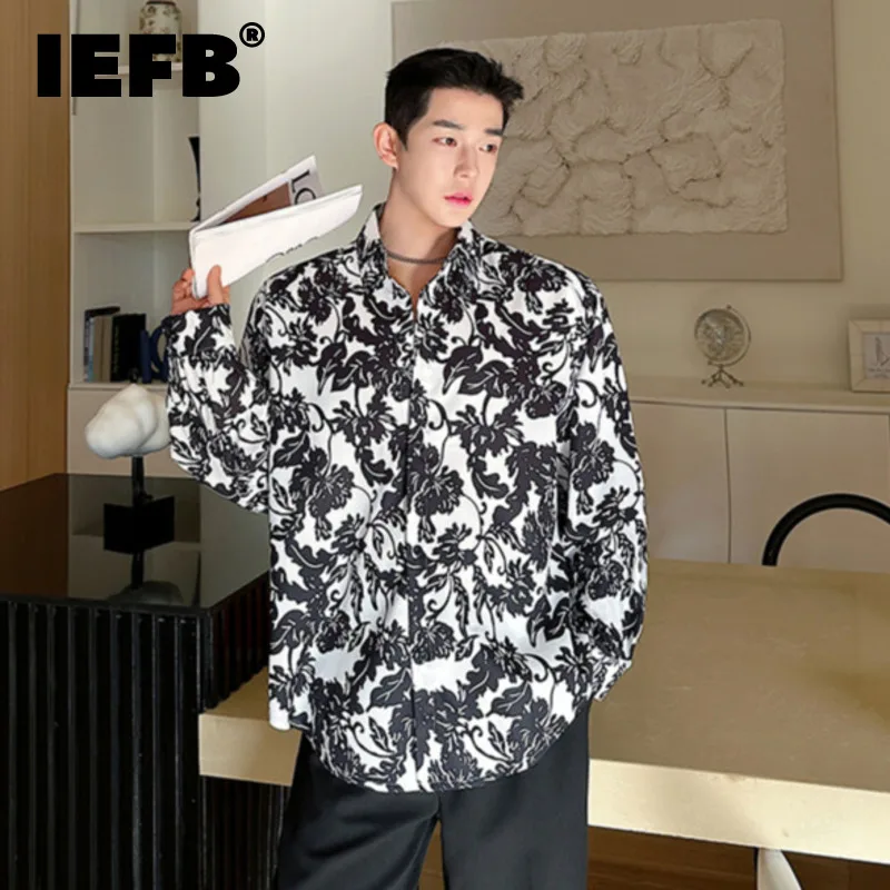 

IEFB New Shirt Trend Personalized Chinese Style Printing Loose Casual Lapel Long Sleeve Male Top 2024 Summer Printing 9C5322