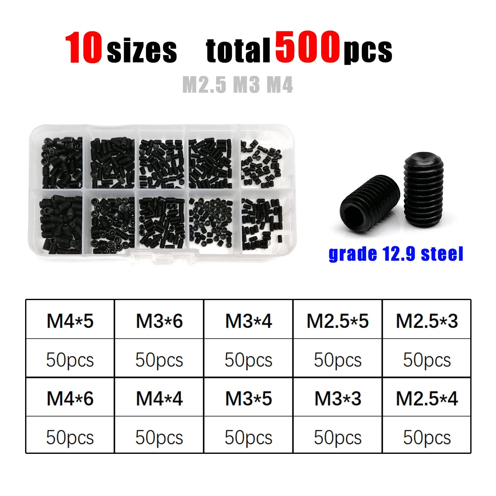 Black Hex Socket Allen Cup Point Grub Screw Assortment Kit - 304 Stainless Steel