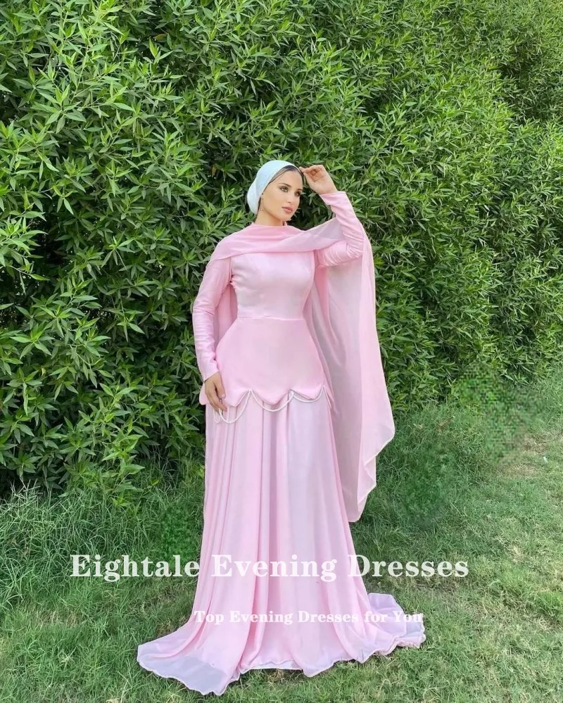 Eightale Arabic Evening Dresses Pink Long Sleeves Mermaid Satin Pearls A-Line Muslim Customized Prom Party Gowns for Wedding 3