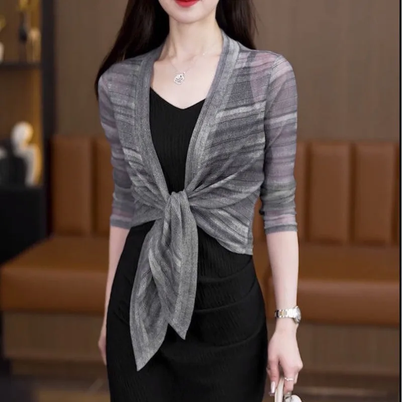 2024 Summer New Korean Ponchos Women's Simplicity Commuter Thin Striped Cardigan V-neck Half Sleeve Gauze Drawstring Slim Coats