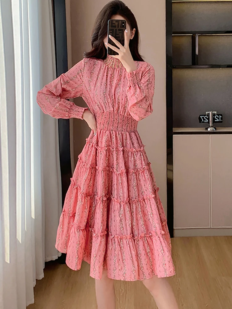 

Women Pink Long Sleeve Diamonds Luxury Midi Dress Spring Autumn Chic Tierred Casual Dresses 2024 Korean Elegant Bodycon Vestidos