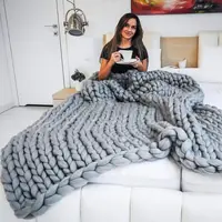 Couverture en tricot épais faite à la main, grande laine épaisse, tricot volumineux, pour décoration de chambre à coucher, tapis de chaise de lit pour animaux de compagnie, gris 6