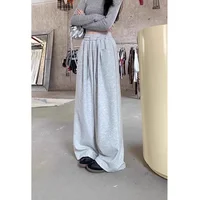 Gray Drawstring Loose Lazy Sports Pants Women's High Waist Wide Leg Straight Cut Casual Pants Summer Comfortable Trousers