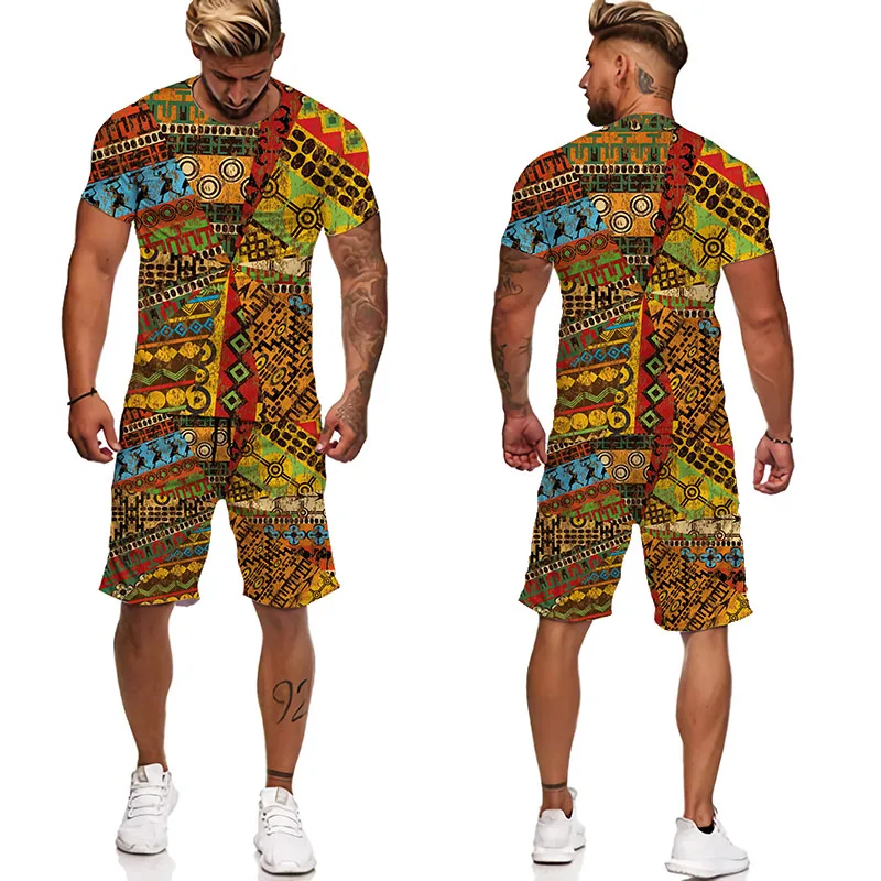 

African Print Women'sMen's T-shirts Sets Africa Dashiki Men’s TracksuitTopsShorts Sport And Leisure Summer Male Suit