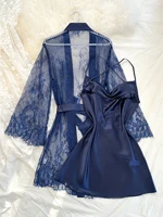 Sexy Elegant Pure Color Mesh Nightgown Set Transparent Lace Robe Sleepwear Casual Comfortable Women's pajamas - Image 2