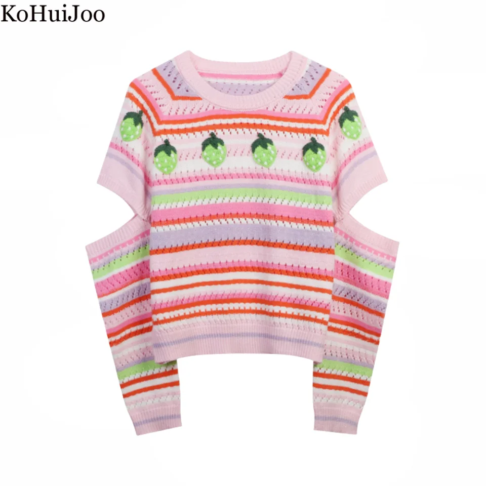 

Knitted sweaters Women Three Dimensional Strawberry Embroidery Contrast Color Striped Pullover Korean Fashion Oversized Sweater