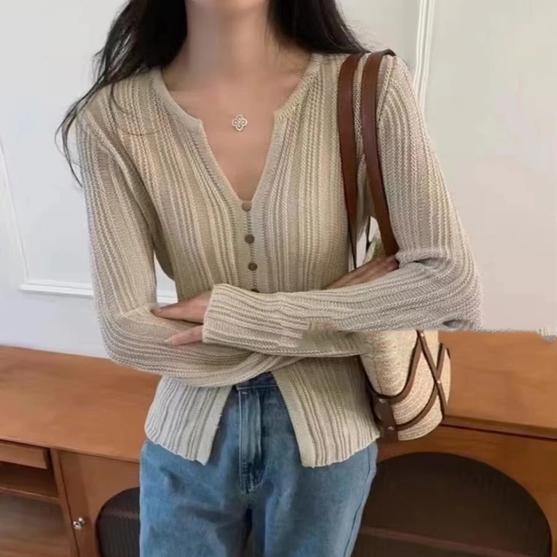 Women Knitted V Neck Long Sleeve Sweater