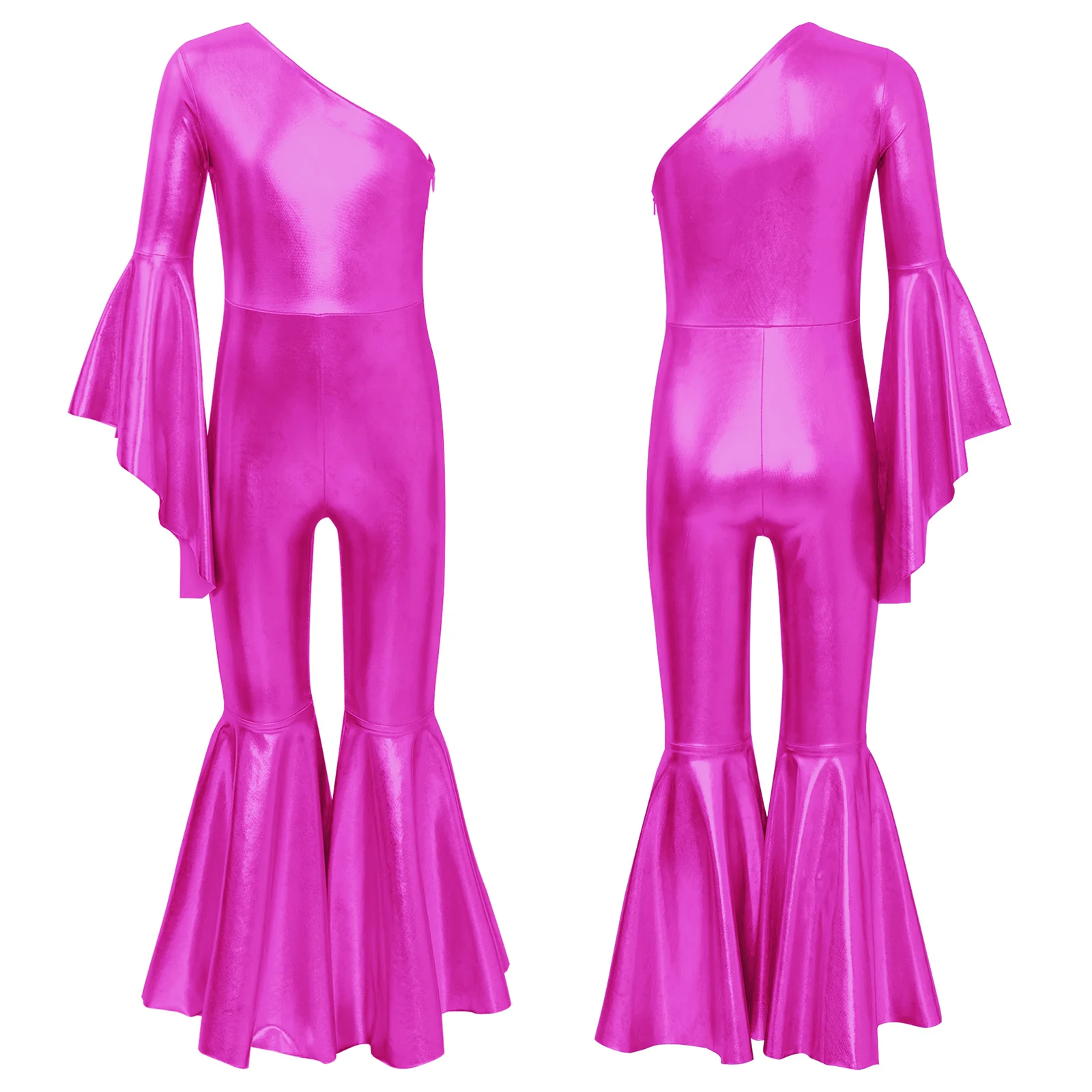 thumbnail image 1 of Mono de baile metálico brillante con parte inferior de campana para niñas, traje de actuación de baile de Jazz y Ballet con un hombro y manga acampanada, 1 of 5