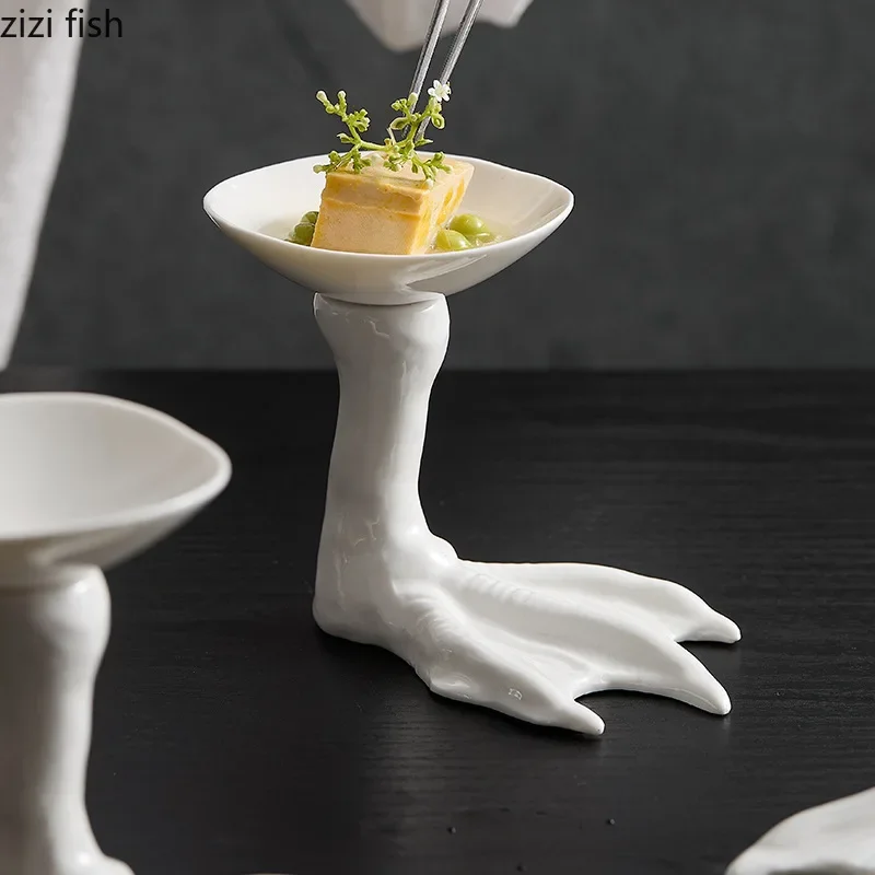Creative High Foot Ceramic Goose Feet Dim Sum Plate Restaurant Dessert Sushi Molecular Cuisine Tableware
