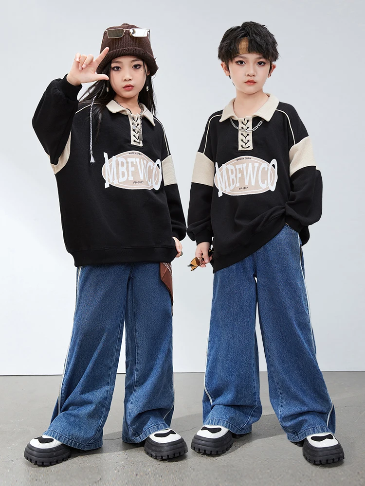 

Kids Long Sleeves Sweater Loose Jeans Boys Casual Clothing Hip Hop Dance Costume Girls Modern Kpop Outfits Long Sleeves BL12211