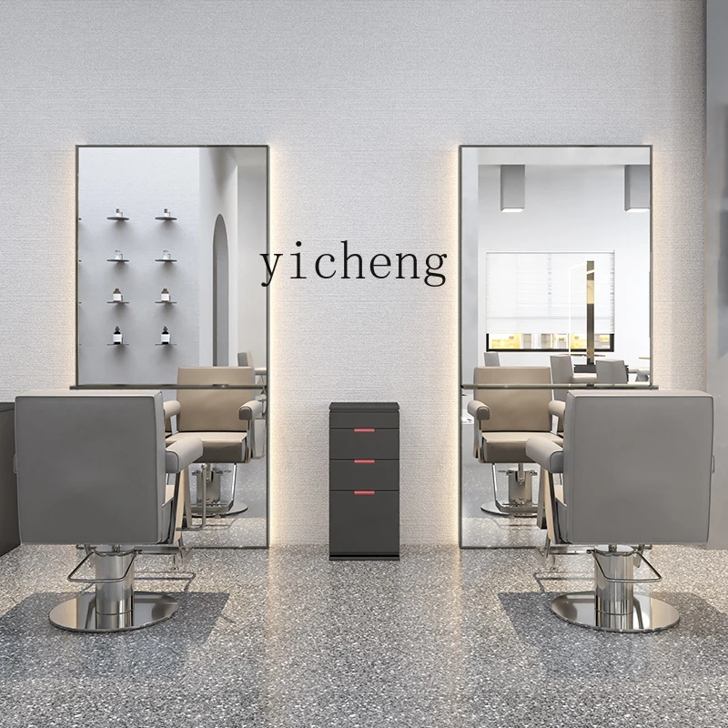 

Tqh Stainless Steel Single-Sided Mirror with Lamp Hair Saloon Dedicated Floor-Standing Hair Cutting Mirror with Table Top
