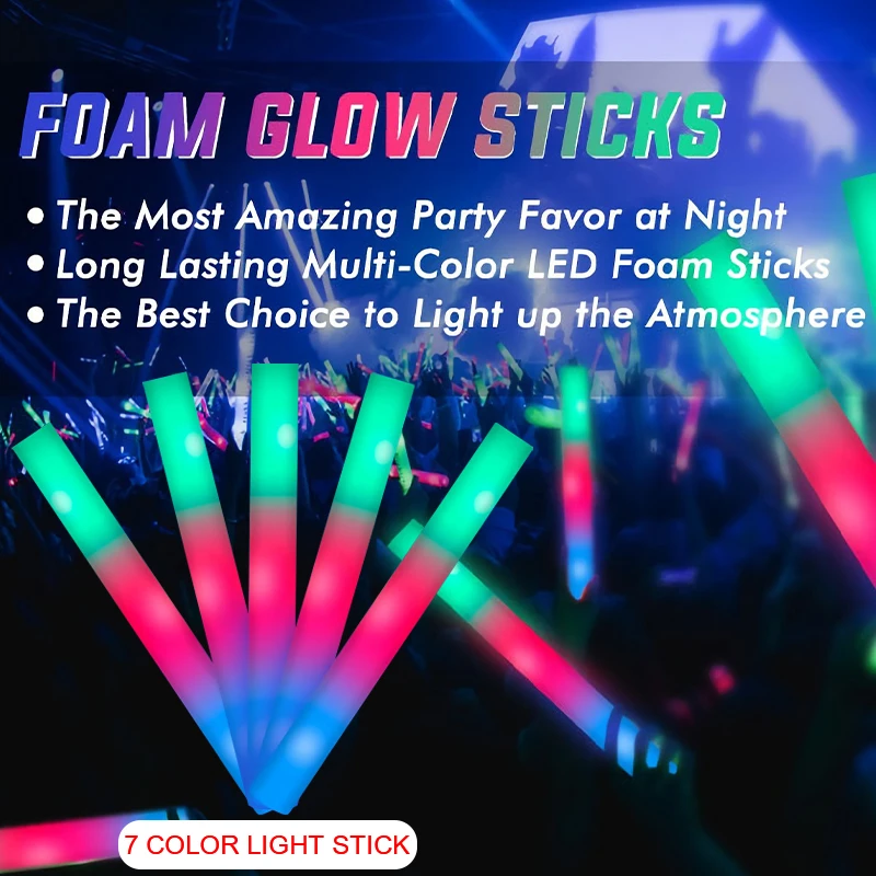 10Pcs Glow Sticks LED Foam Bar Glow In The Dark Light Up Sticks Cheer Tube  RGB Soft Batons Rave Glow Wands Flashing Concert